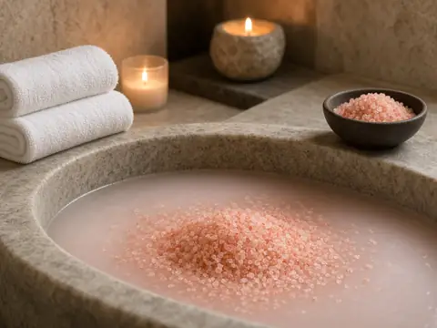 Pink bath salt in a stone tub with candles and towels
