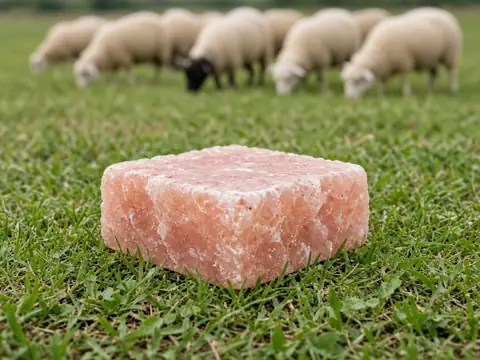 Pink salt block on grass with sheep behind