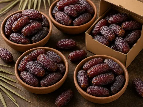 Bowls of soft dark dates beside an open carton