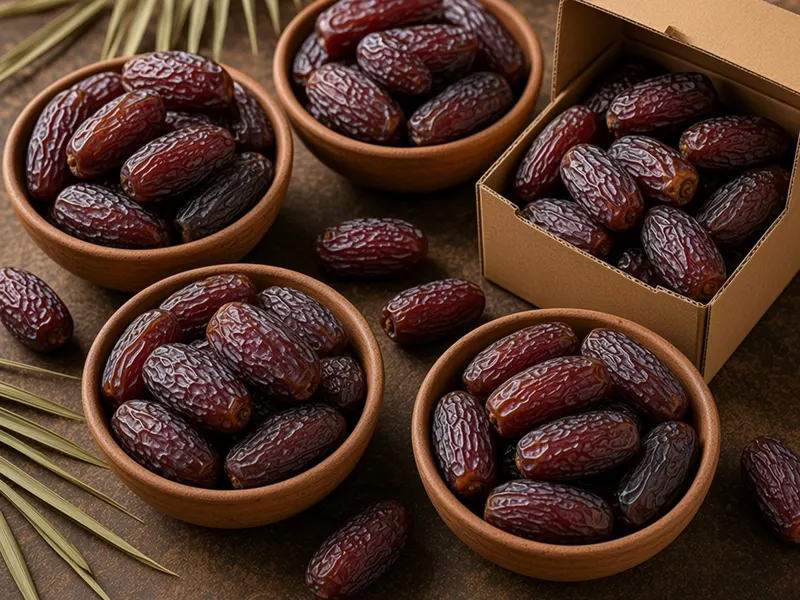 Bowls of soft dark dates beside an open carton