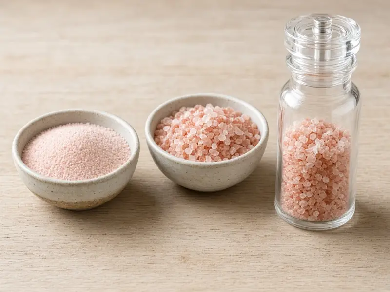 Fine and coarse pink salt in bowls with a glass grinder