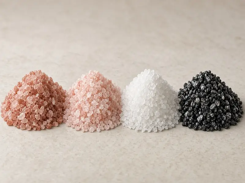 Dark pink, light pink, white and black salt in piles
