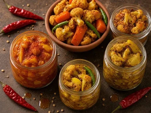 Jars and a bowl of mango, mixed vegetable and lemon pickle in oil
