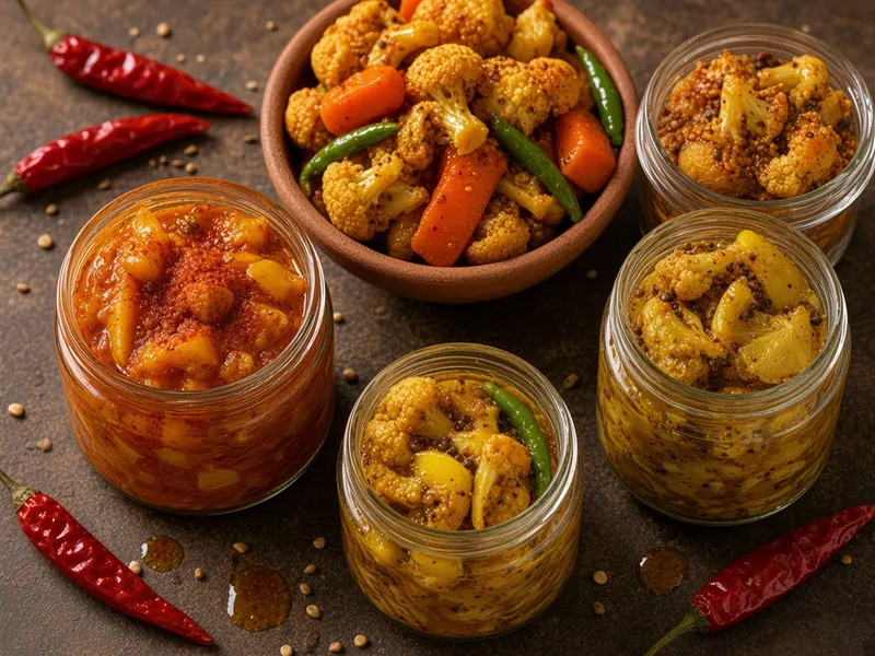 Jars and a bowl of mango, mixed vegetable and lemon pickle in oil