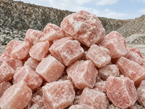 Pile of raw pink rock salt boulders at a mine yard