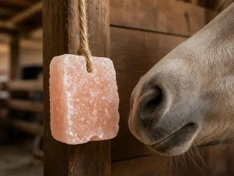 Small pink salt lick on a jute rope beside a pony