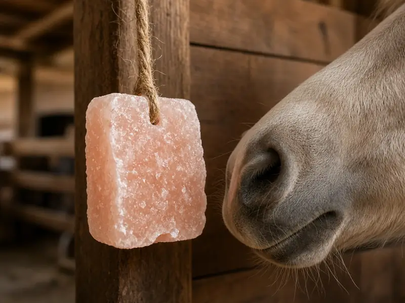 Small pink salt lick on a jute rope beside a pony