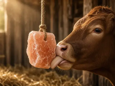 A cow licking a pink salt lick hanging on a rope