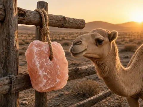 Large pink salt lick on a rope at a desert fence with a camel