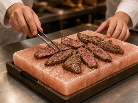 Steak slices searing on a pink salt slab