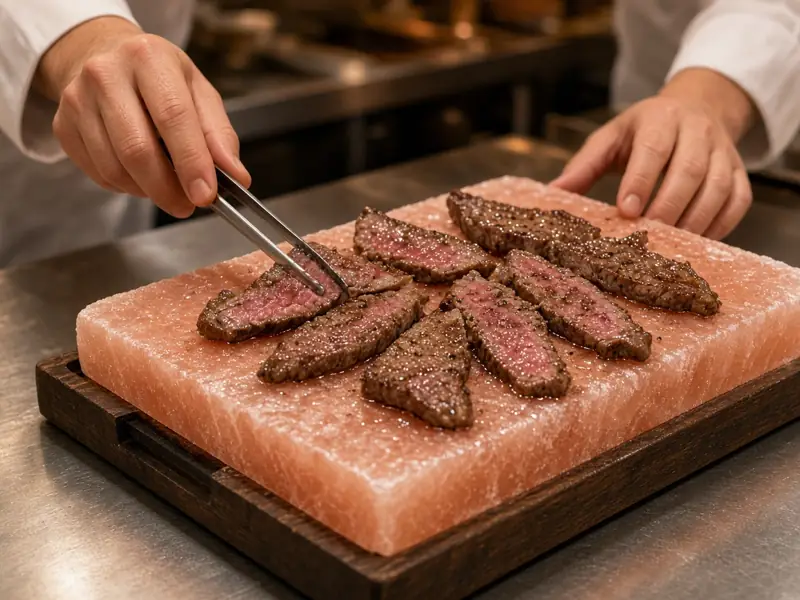 Steak slices searing on a pink salt slab