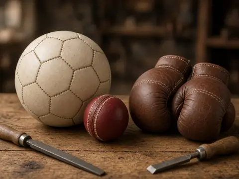 Hand-stitched football, cricket ball and boxing gloves